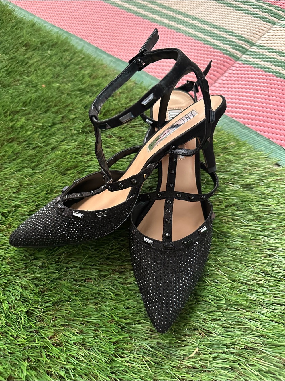 INC International Concepts Black Studded Pointed Toe T-Strap Heels